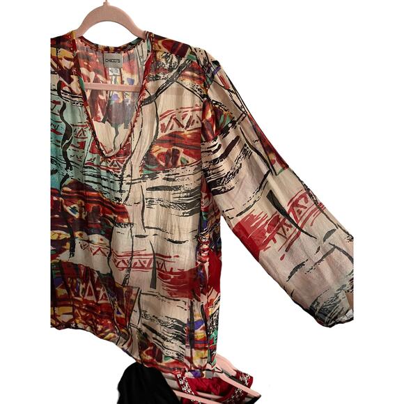 Chico's 100% silk lightweight sheer top 3/4 sleeve v-neck embroidered size 0 S - Picture 5 of 6